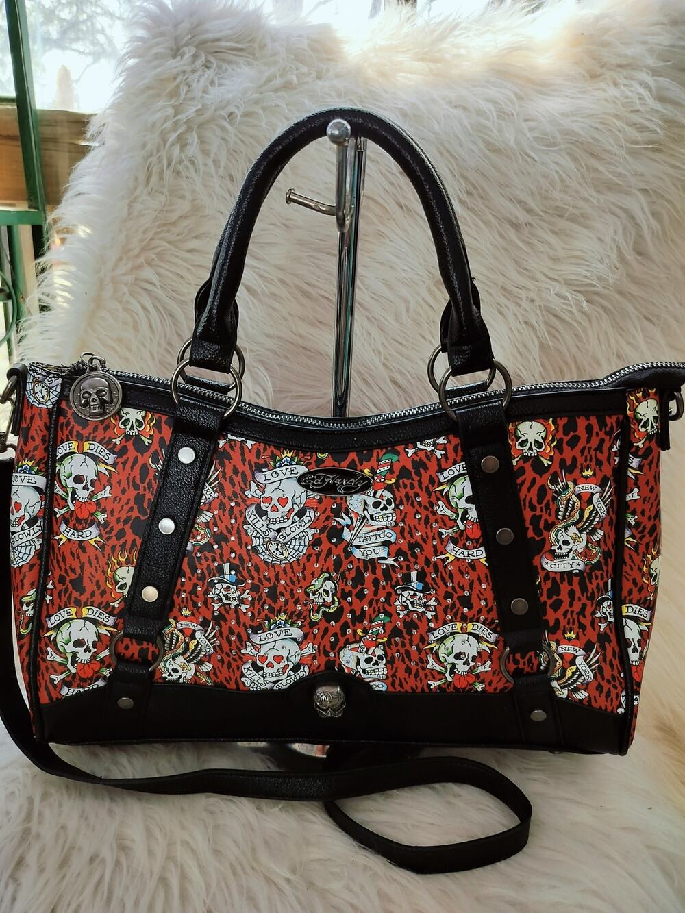 5872)Ed Hardy Red Cheetah Print Tattoo Graphic Skull Satchel Crossbody Bag